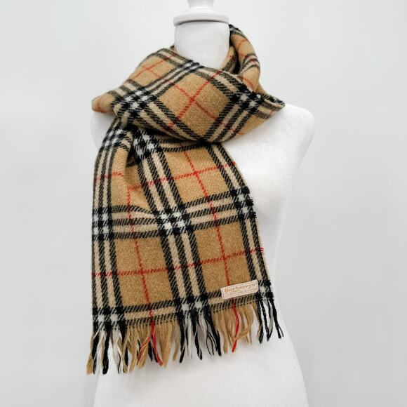 Burberry Scarf Wool Nova Check Plaid Beige Brown Winter Authentic Fringe - Picture 4 of 7